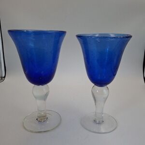 Pair Hand Blown Cobalt Blue Bubble Glass Goblets Clear Stem 8.5" Wine Water Glas
